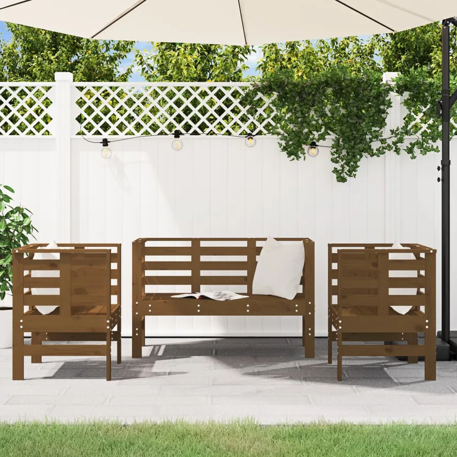 Salon de jardin 3 pcs marron miel bois de pin massif - 3