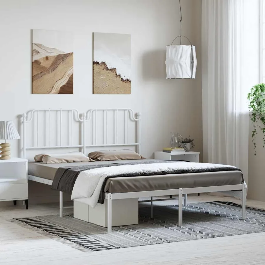 Cadre de lit métal sans matelas et tête de lit blanc 135x190 cm