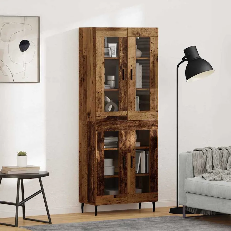 Haut Armoire 2 pcs Bois ancien Bois Aggloméré et Verre