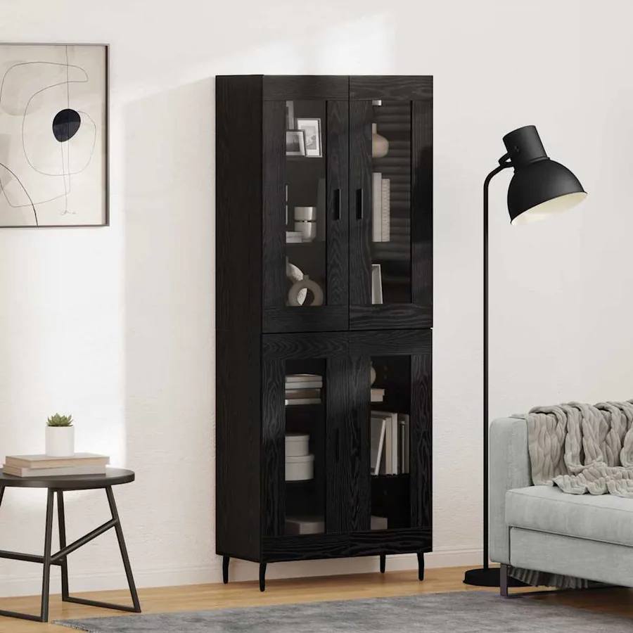 Haut Armoire 2 pcs Chêne noir Bois Aggloméré et Verre