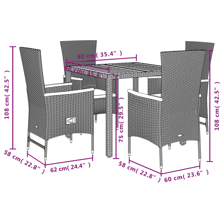 Ensemble à manger de jardin coussins 5pcs Noir Résine tressée - 5