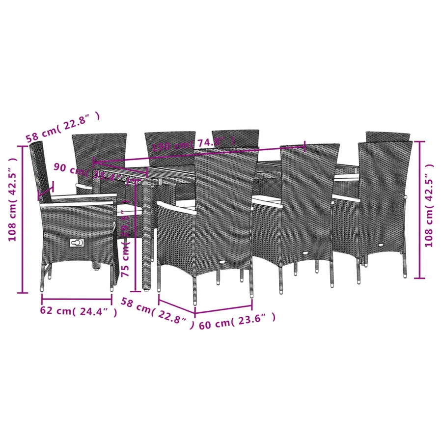 Ensemble à manger de jardin coussins 7pcs Noir Résine tressée - 5