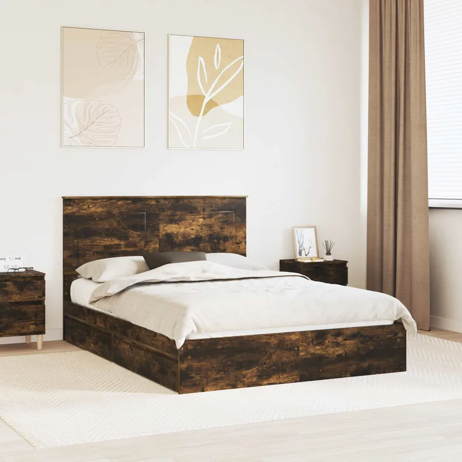 Lit de Rangement Chêne fumé 160 x 200 cm Bois d'ingénierie