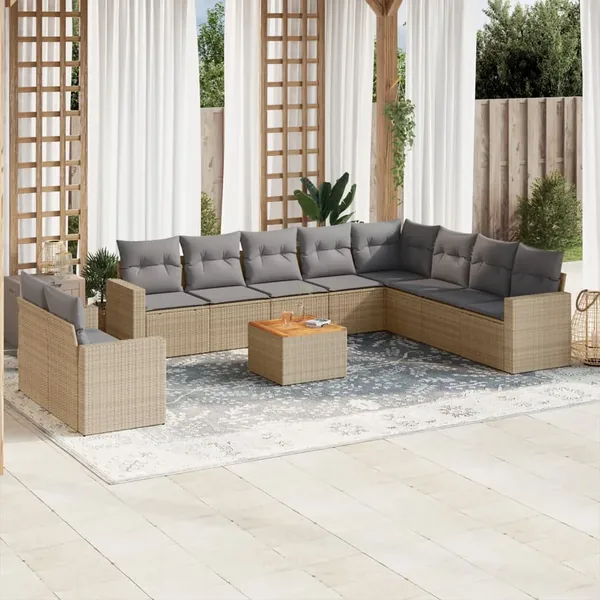 Salon de jardin 11 pcs avec coussins beige résine tressée