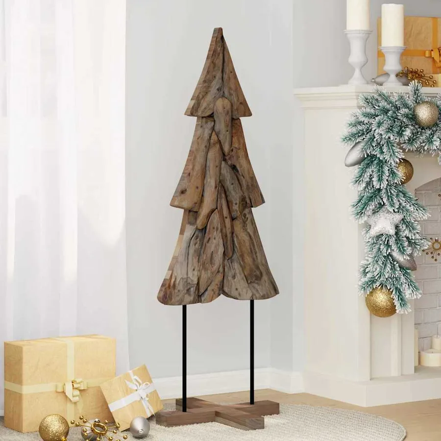 Sapin de Noël avec support Marron 121 cm Bois de teck solide - 3