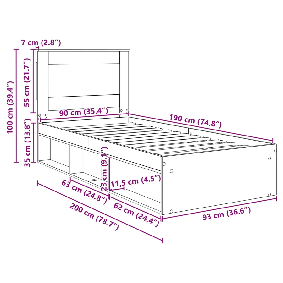 Cadre de lit Bois ancien 90 x 190 cm Pin massif - 13