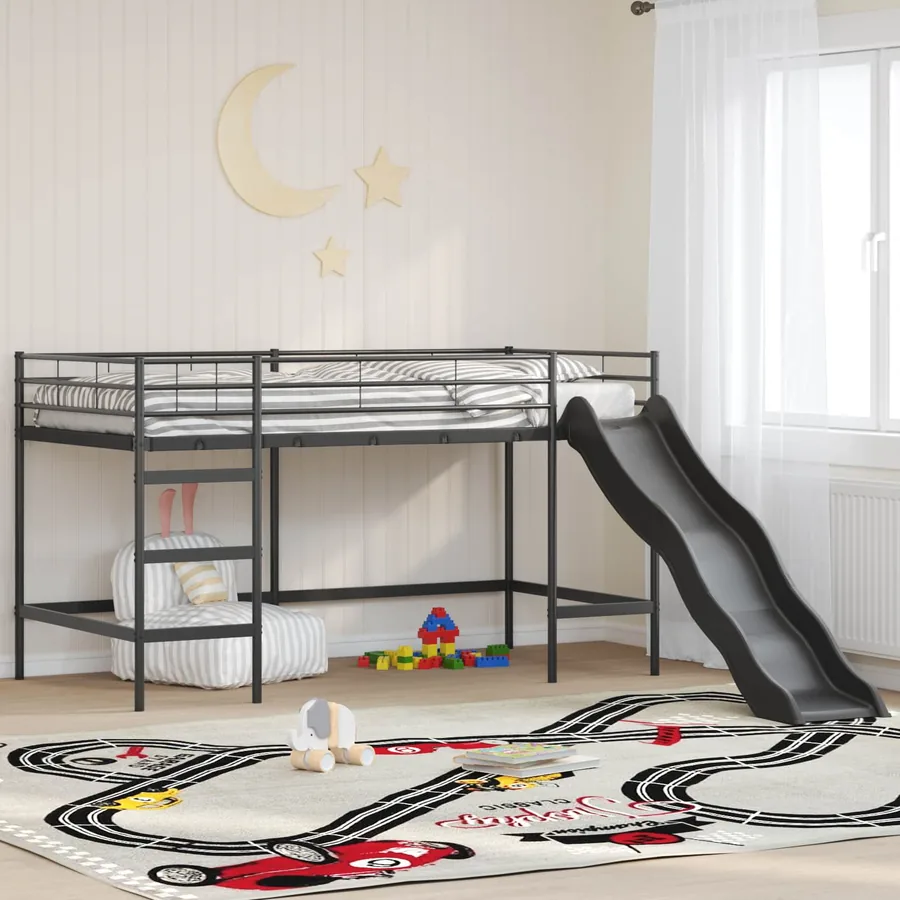 Lit superposé pour enfants avec toboggan Uni Noir et anthracite
