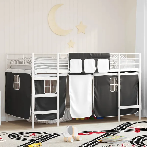 Cadre de Lit Mezzanine pour Enfants avec Rideaux Blanc et Noir
