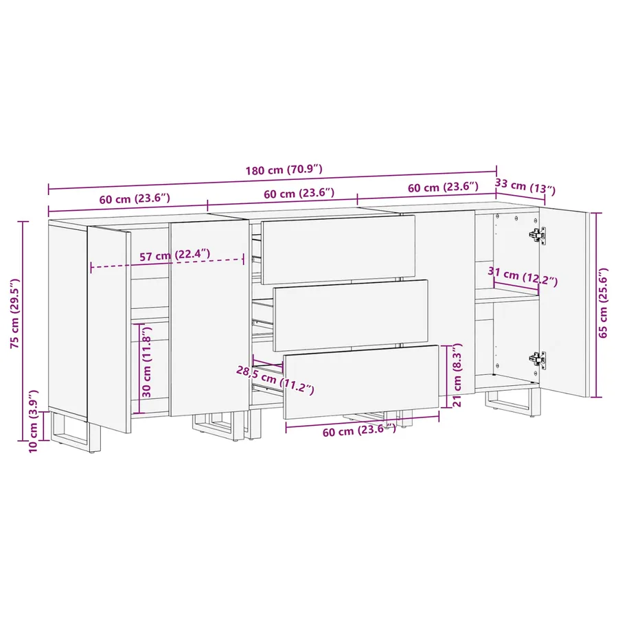 Buffet 3 pcs Marron 180 x 33 x 75 cm Bois de mangue massif - 13