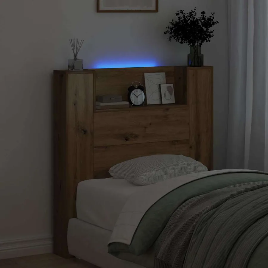 Tête de lit de rangement avec LED Chêne artisanal - 4