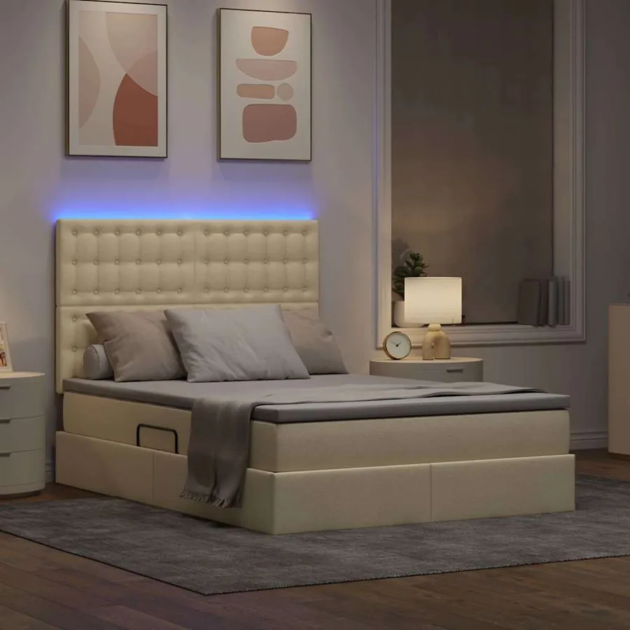 Lit de rangement LED avec matelas Crème 140 x 200 cm Tissu - 5