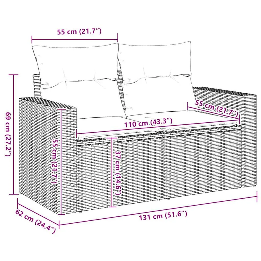 Canapé de jardin avec coussins 2 places beige résine tressée - 10