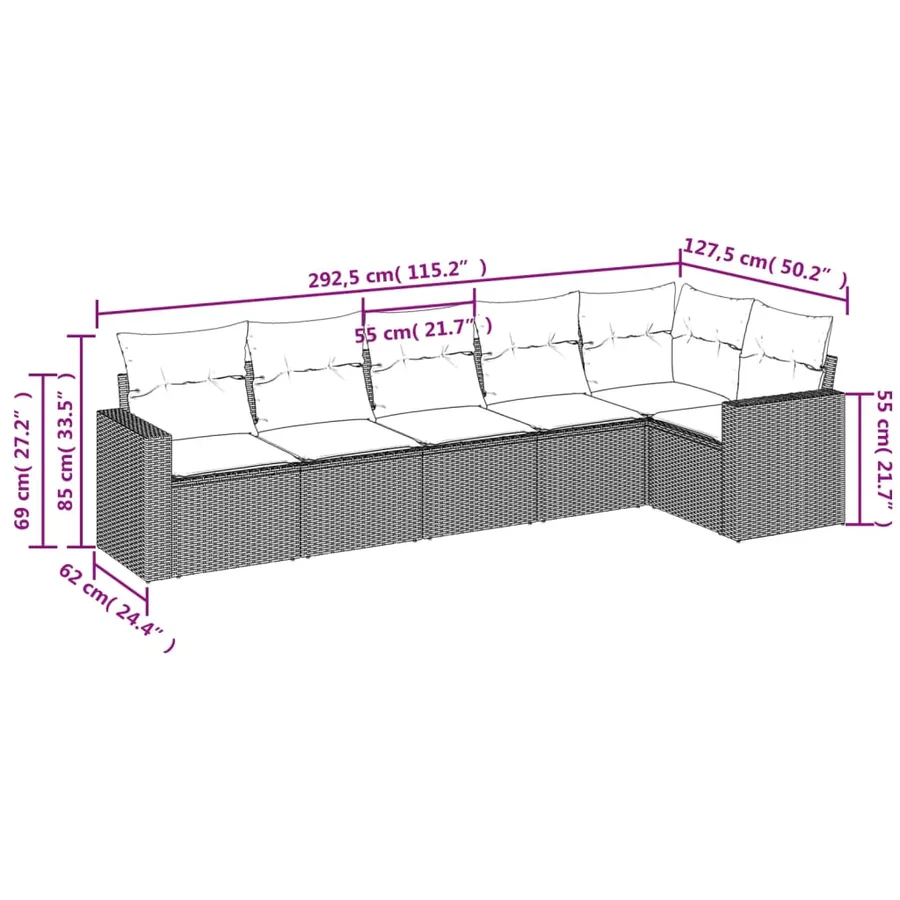 Salon de jardin 6 pcs avec coussins noir résine tressée - 7