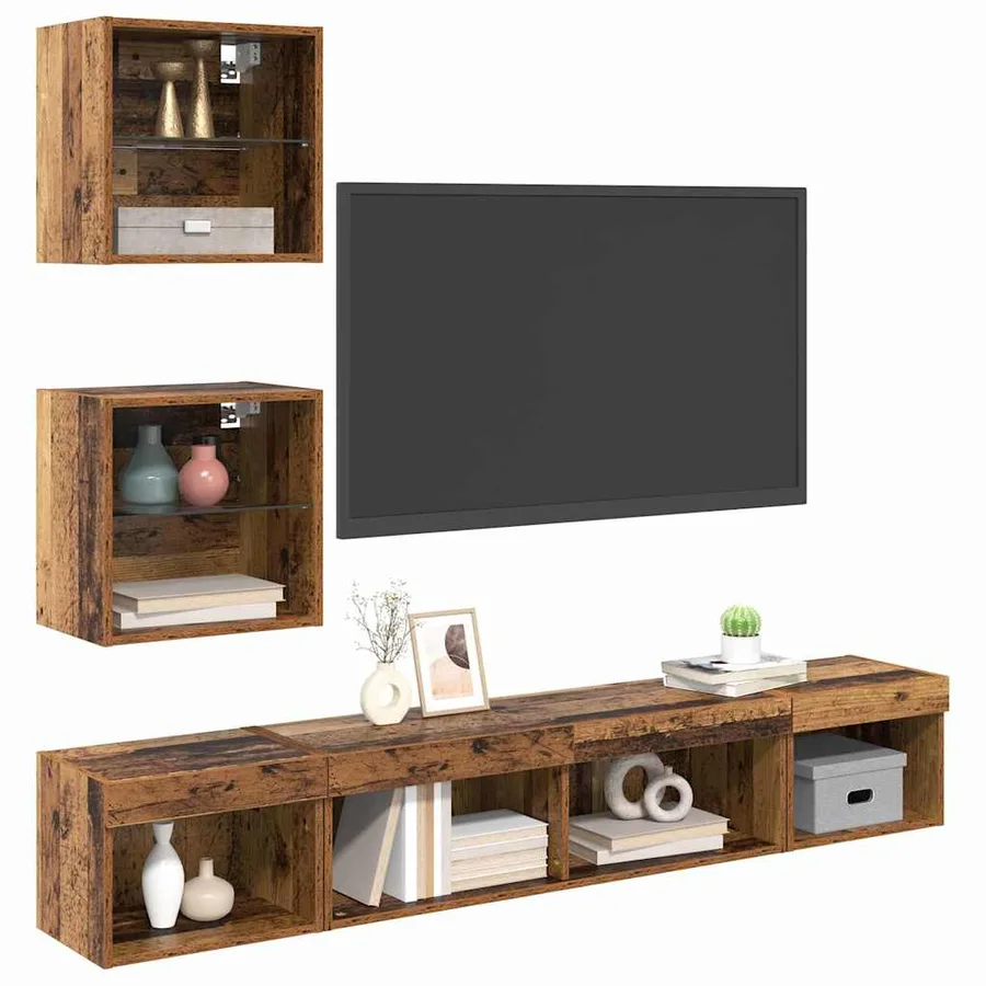 Unités murales TV avec LED 5 pcs Bois ancien Bois d'ingénierie - 3