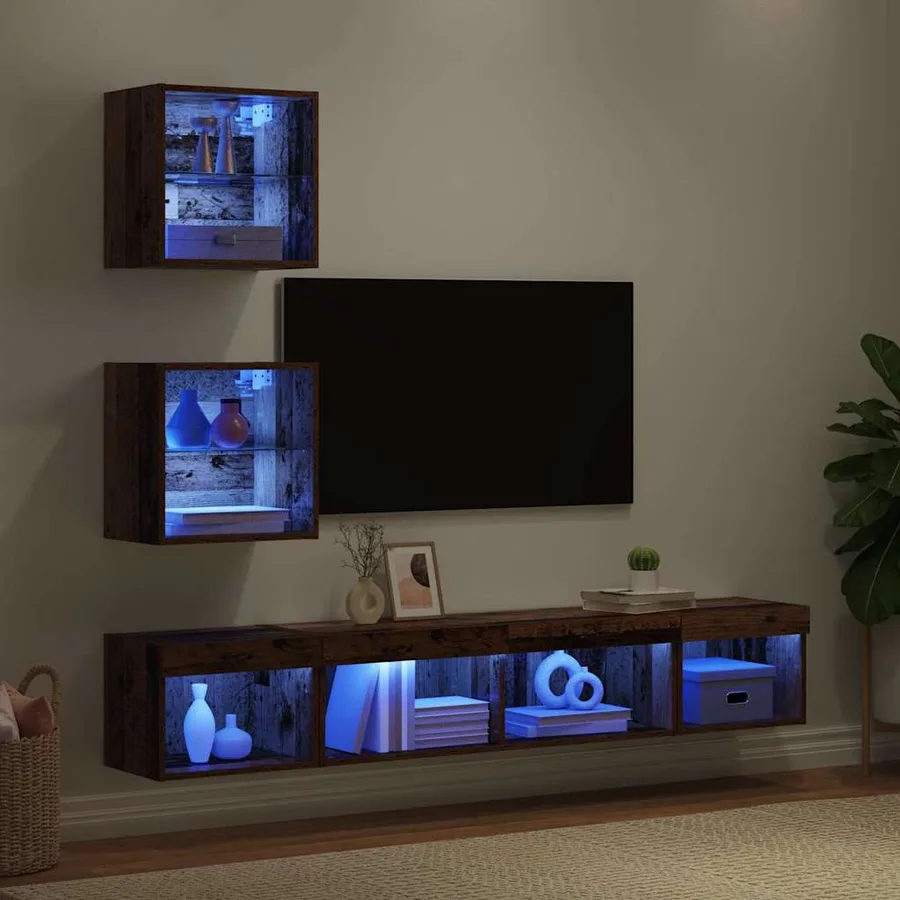 Unités murales TV avec LED 5 pcs Bois ancien Bois d'ingénierie - 5