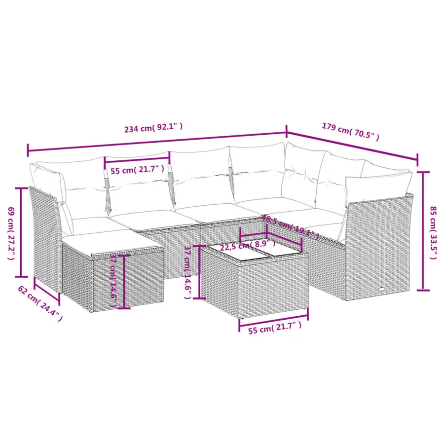 Salon de jardin 8 pcs avec coussins noir résine tressée - 4