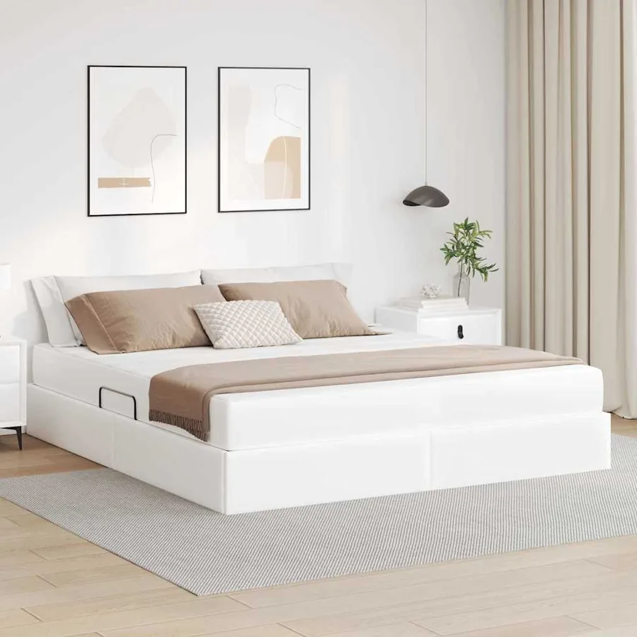 Lit avec rangement et matelas avec matelas 2 pcs Blanc Cuir