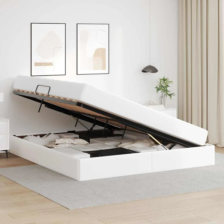 Lit avec rangement et matelas avec matelas 2 pcs Blanc Cuir - 4