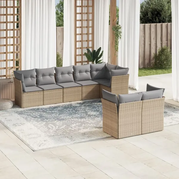 Salon de jardin avec coussins 8 pcs beige résine tressée