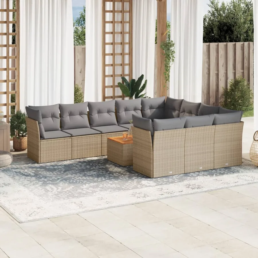 Salon de jardin 11 pcs avec coussins beige résine tressée