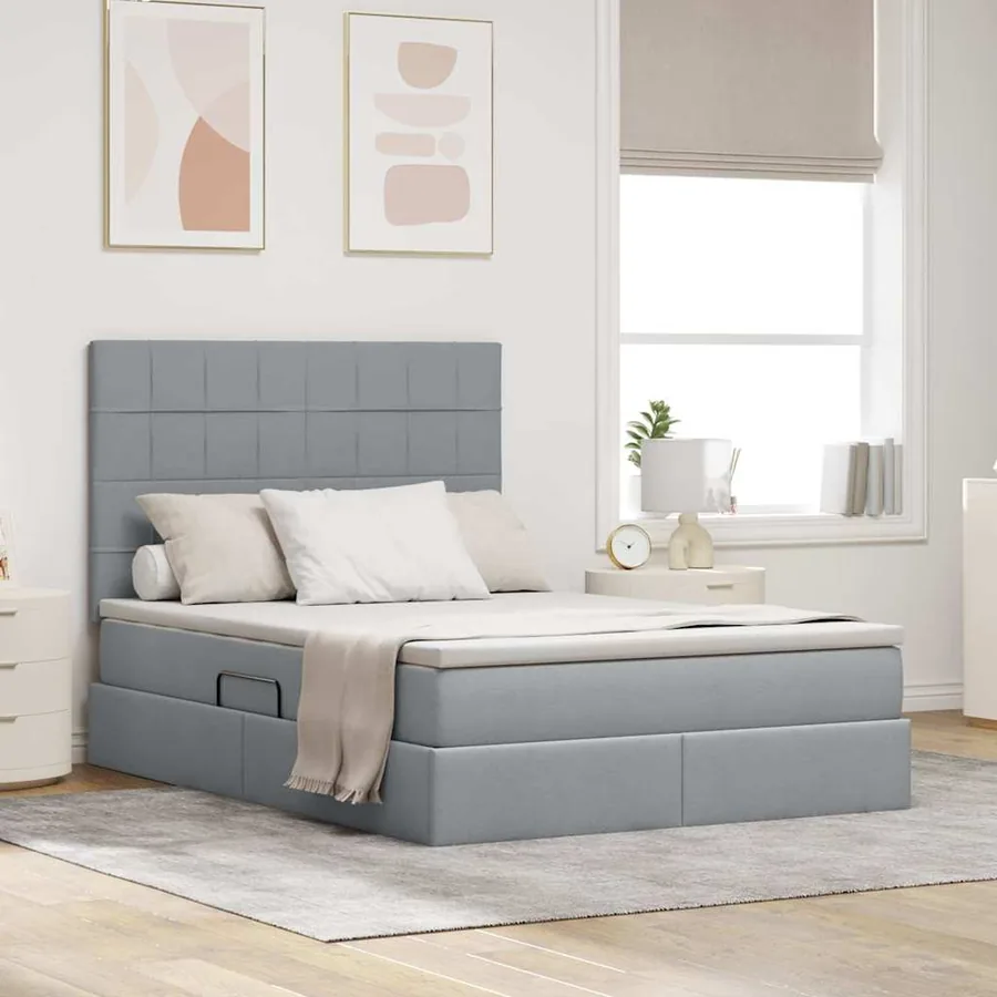 Lit avec rangement et matelas Gris clair 140 x 190 cm tissu