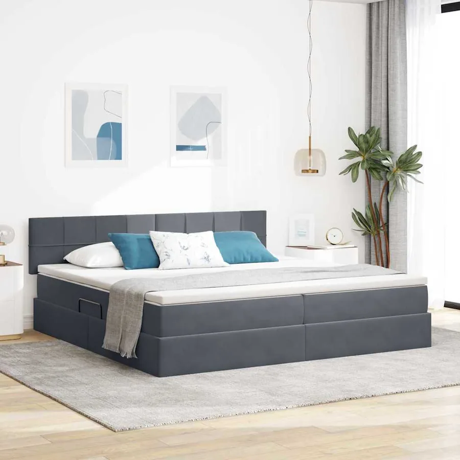 Lit de rangement LED avec matelas Gris foncé 200 x 200 cm