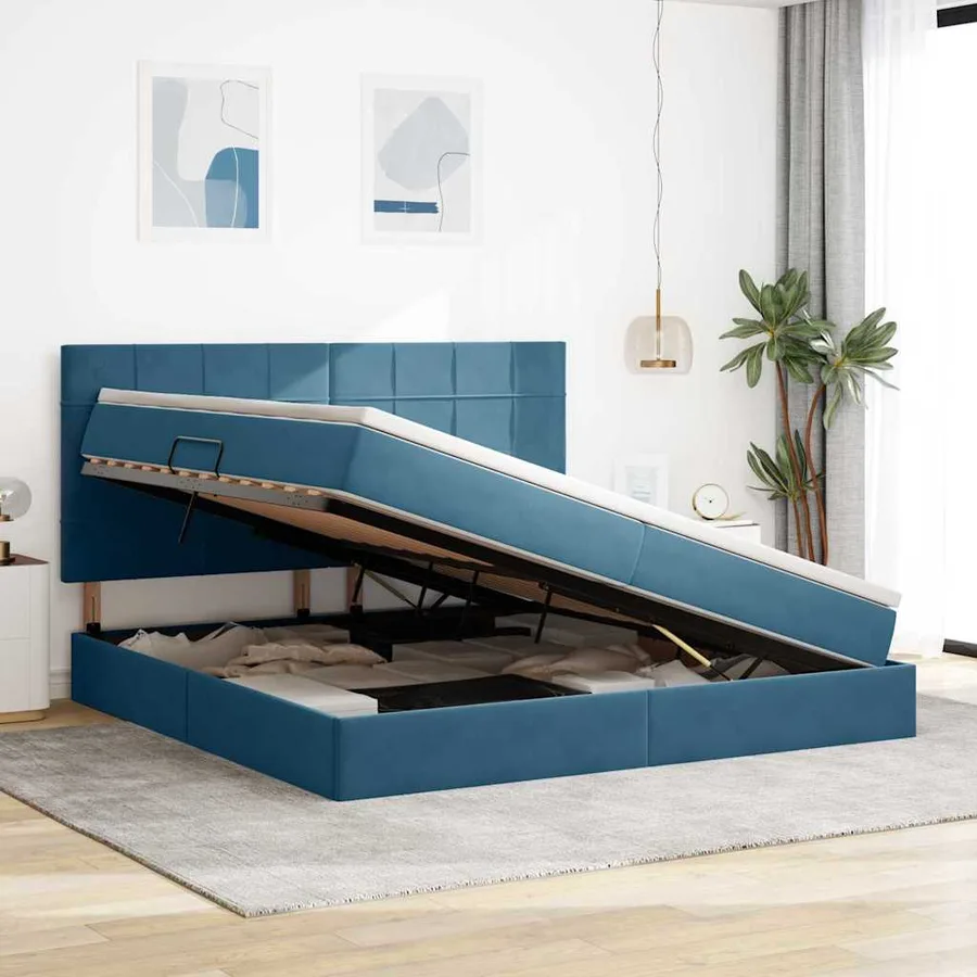 Lit avec rangement et matelas Bleu foncé 200 x 200 cm Velours - 4