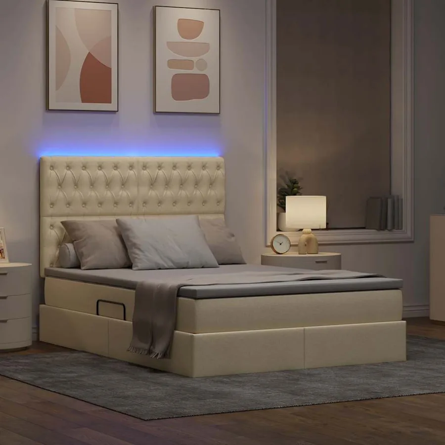 Lit de rangement LED avec matelas Crème 140 x 190 cm Tissu - 5
