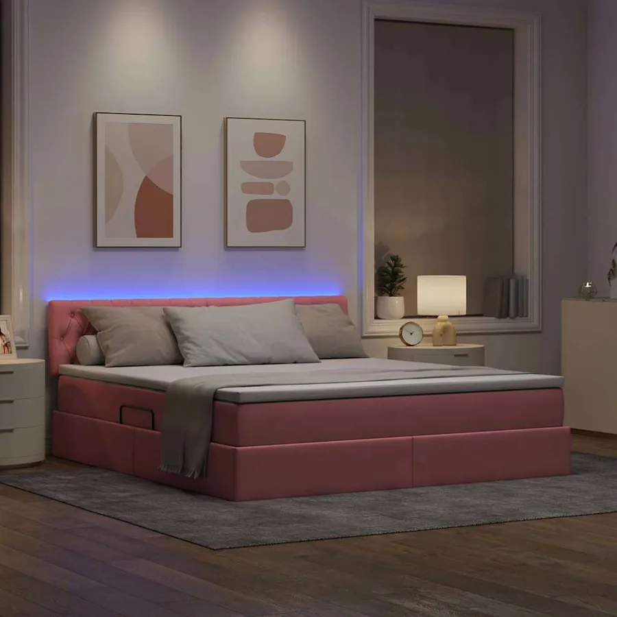 Lit de rangement LED avec matelas Rose 160 x 200 cm Velours - 5