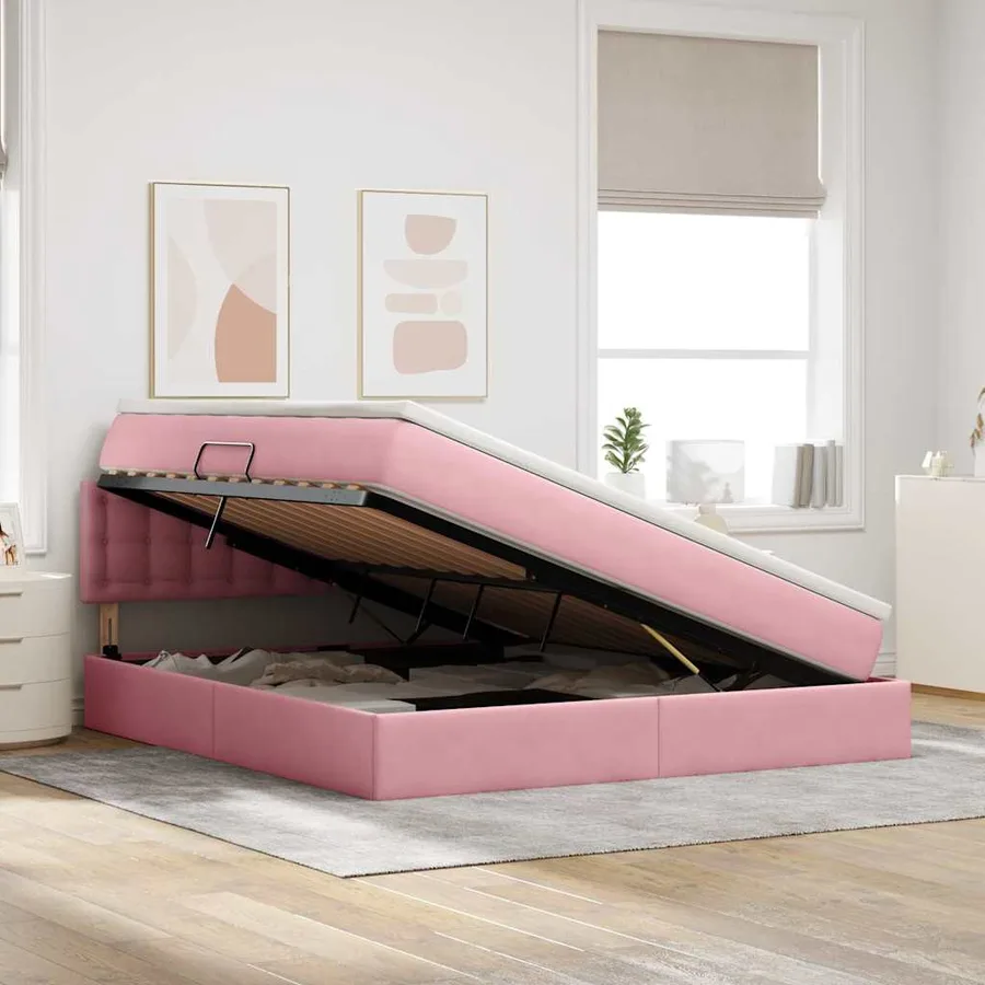 Lit de Rangement avec matelas Rose 160 x 200 cm Velours - 4