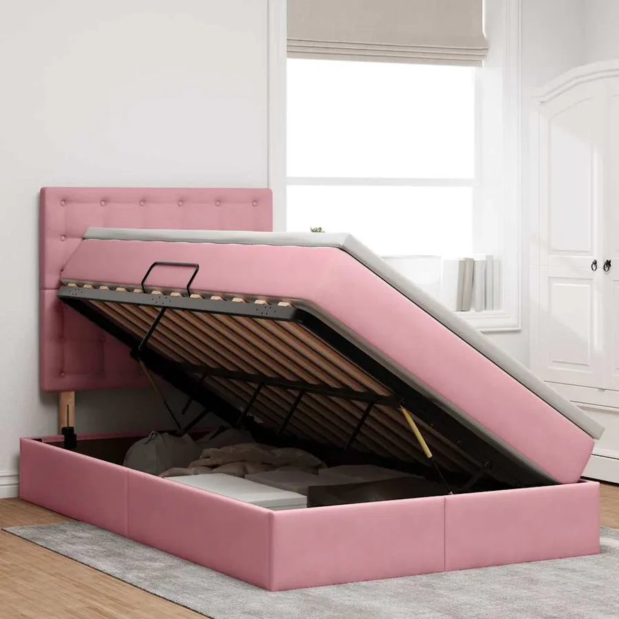 Lit avec rangement et matelas Rose 120 x 200 cm Velours - 4