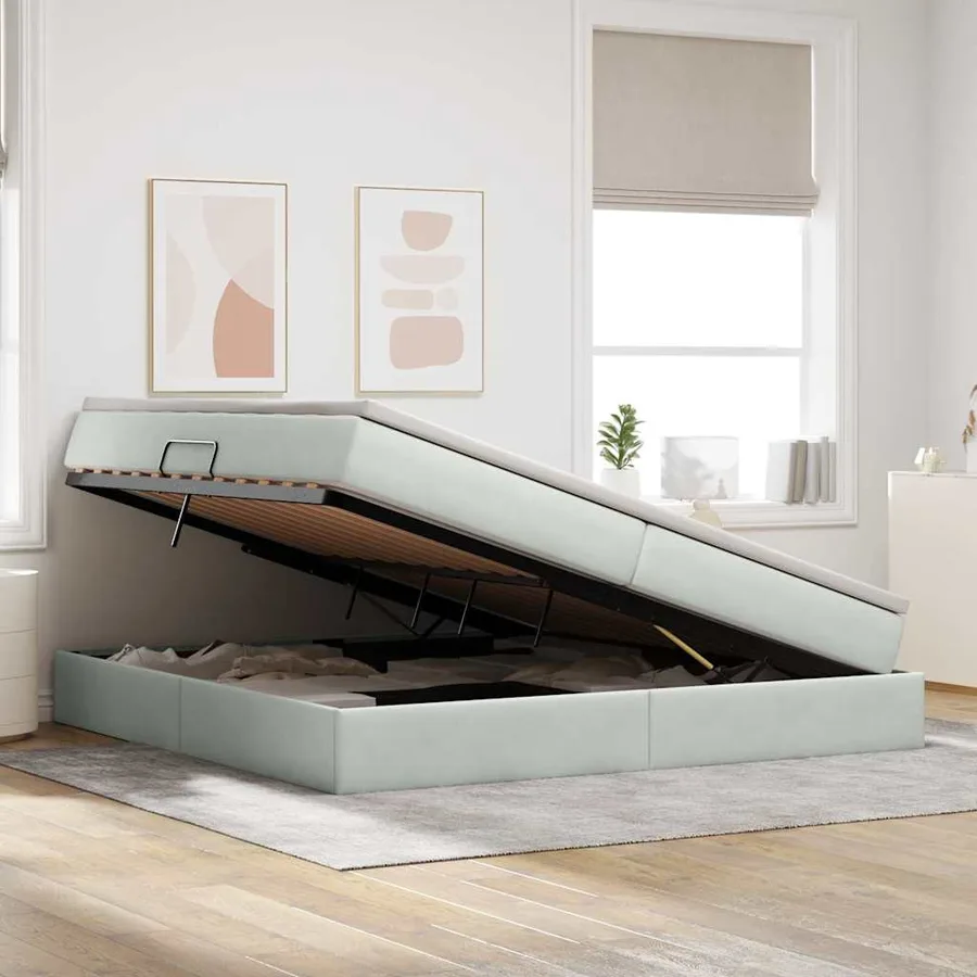 Lit avec rangement et matelas Gris clair 200 x 200 cm Velours - 4