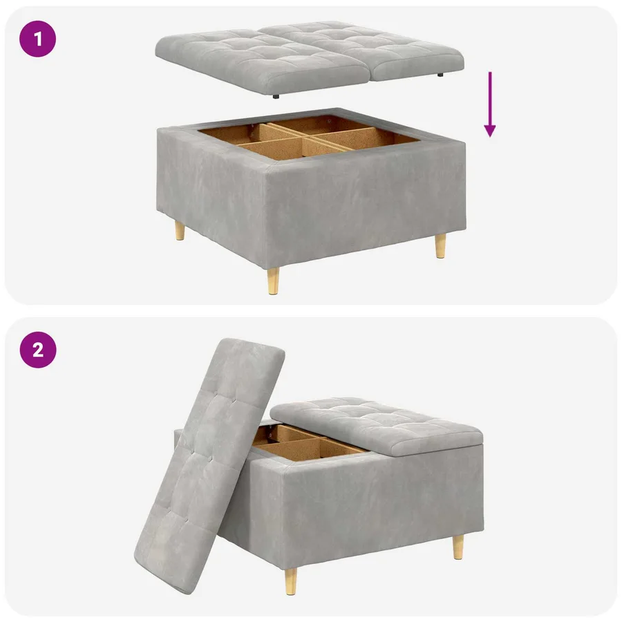Pouf de rangement Gris clair 80 x 80 x 45 cm Velours - 9