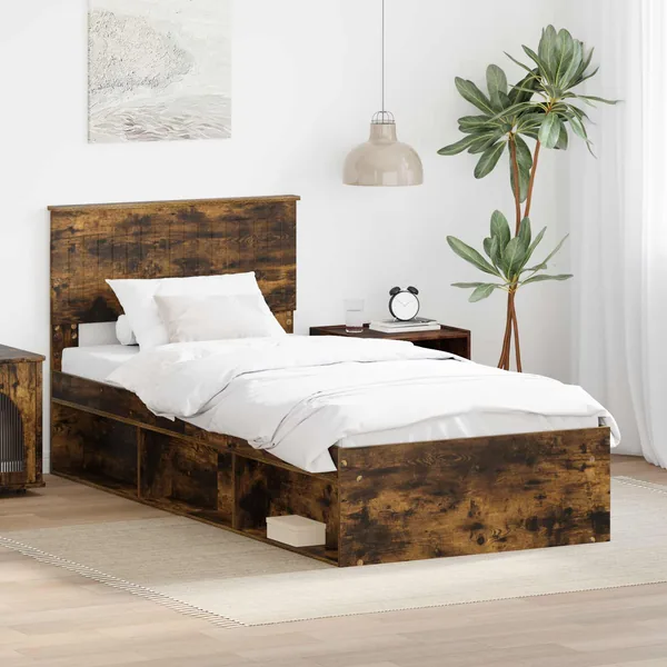 Cadre de lit avec tête de lit Chêne fumé 90 x 190 cm Pin massif