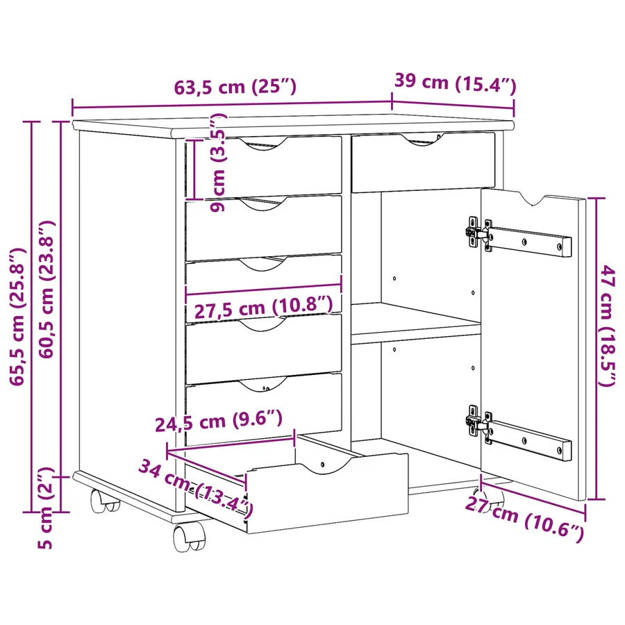 Cabinet roulant Gris 63,5 x 39 x 65,5 cm Bois de Pin Massif - 11