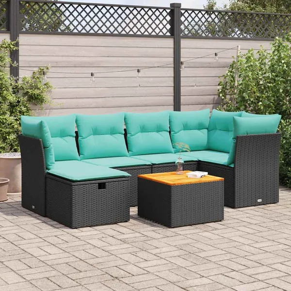 Salon de jardin 7 pcs avec coussins noir résine tressée 55 x 62 x 69 cm - 60,0 kg