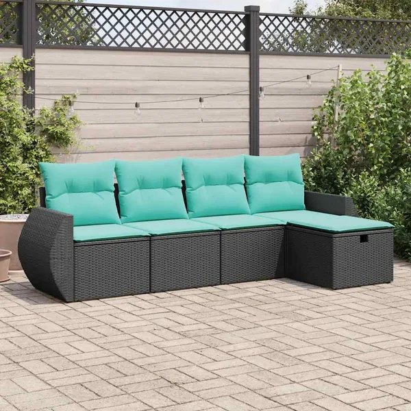 Salon de jardin 5 pcs avec coussins noir résine tressée