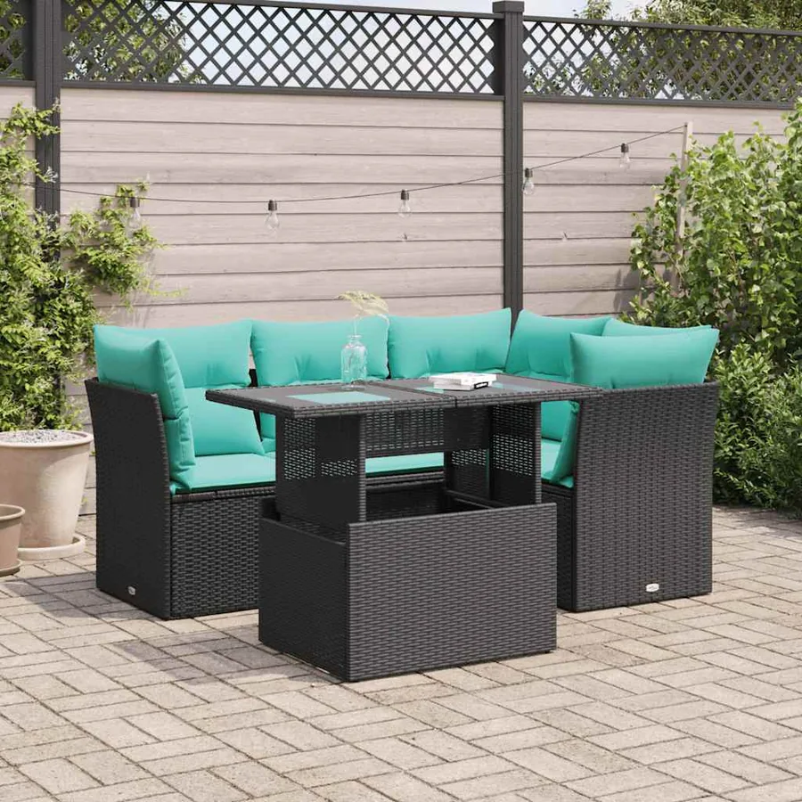 Salon de jardin 5 pcs avec coussins noir résine tressée acacia