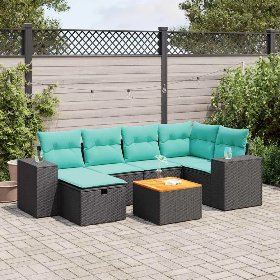 Salon de jardin 7 pcs avec coussins noir résine tressée 55 x 62 x 69 cm - 62,6 kg