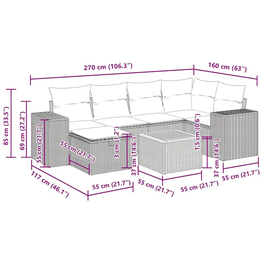 Salon de jardin 7 pcs avec coussins noir résine tressée 55 x 62 x 69 cm - 62,6 kg - 14
