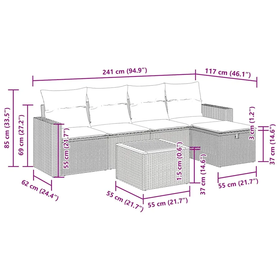 Salon de jardin 6 pcs avec coussins noir résine tressée - 13