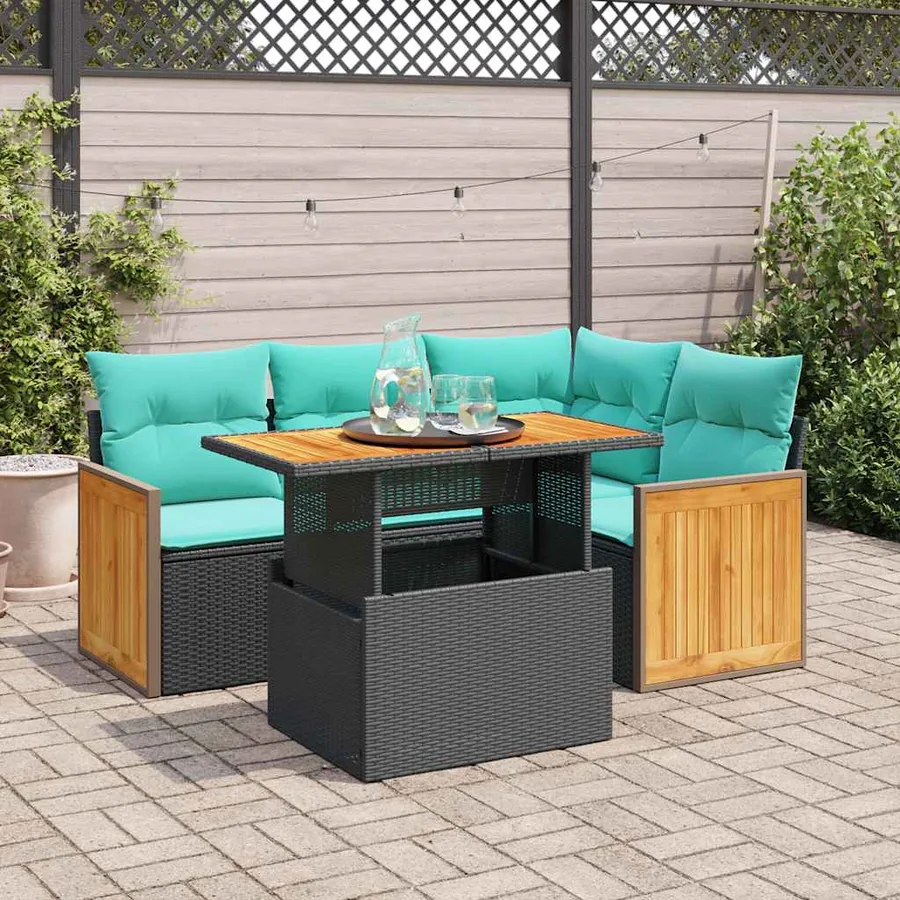 Salon de jardin 5 pcs avec coussins noir résine tressée acacia