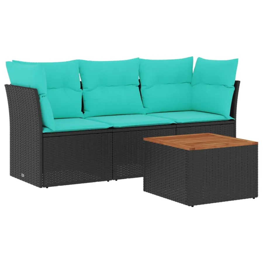 Salon de jardin 4 pcs avec coussins noir résine tressée - 2