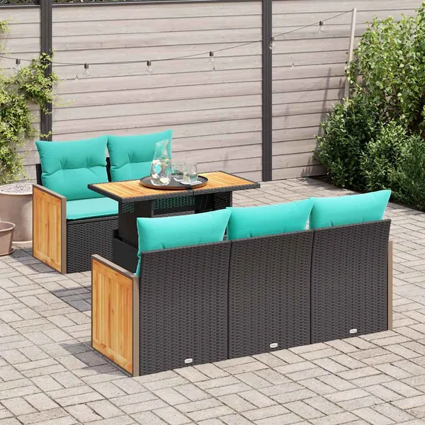 Ensemble de canapé de jardin 6 pcs avec coussins noir résine tressée et acacia