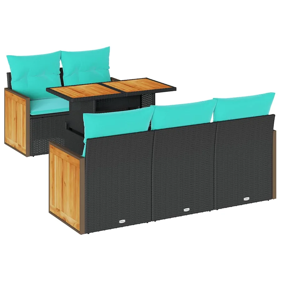 Ensemble de canapé de jardin 6 pcs avec coussins noir résine tressée et acacia - 2