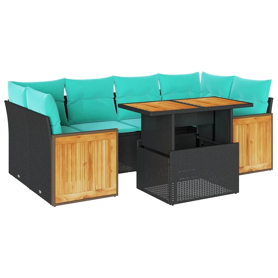 Salon de jardin avec coussins 7 pcs noir résine tressée acacia - 2