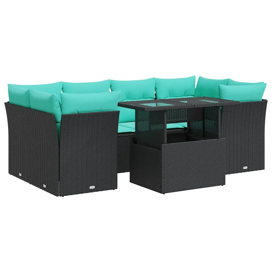 Salon de jardin avec coussins 7 pcs noir résine tressée acacia - 2