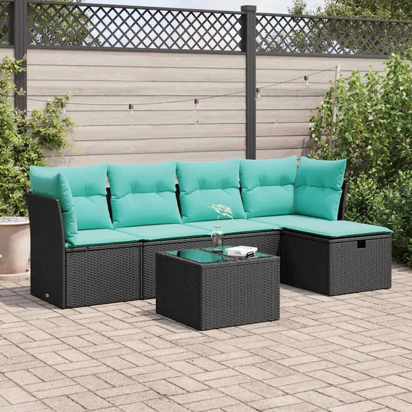 Salon de jardin 6 pcs avec coussins noir résine tressée