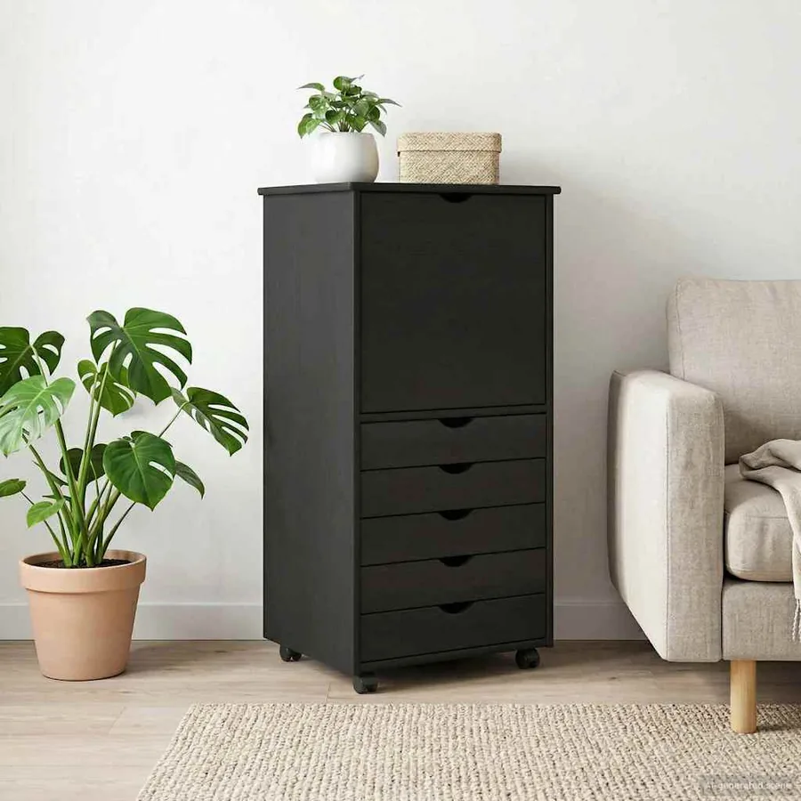 Cabinet roulant Noir 53 x 39 x 103 cm Bois de Pin Massif