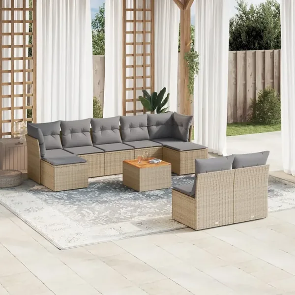 Salon de jardin avec coussins 10 pcs beige résine tressée